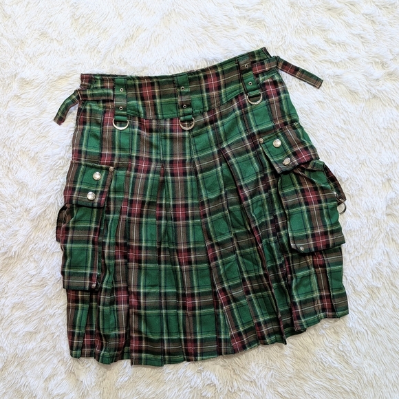 Y2K Tripp Green & Red Tartan Plaid Pleated Cargo Kilt Size XS - Picture 5 of 10